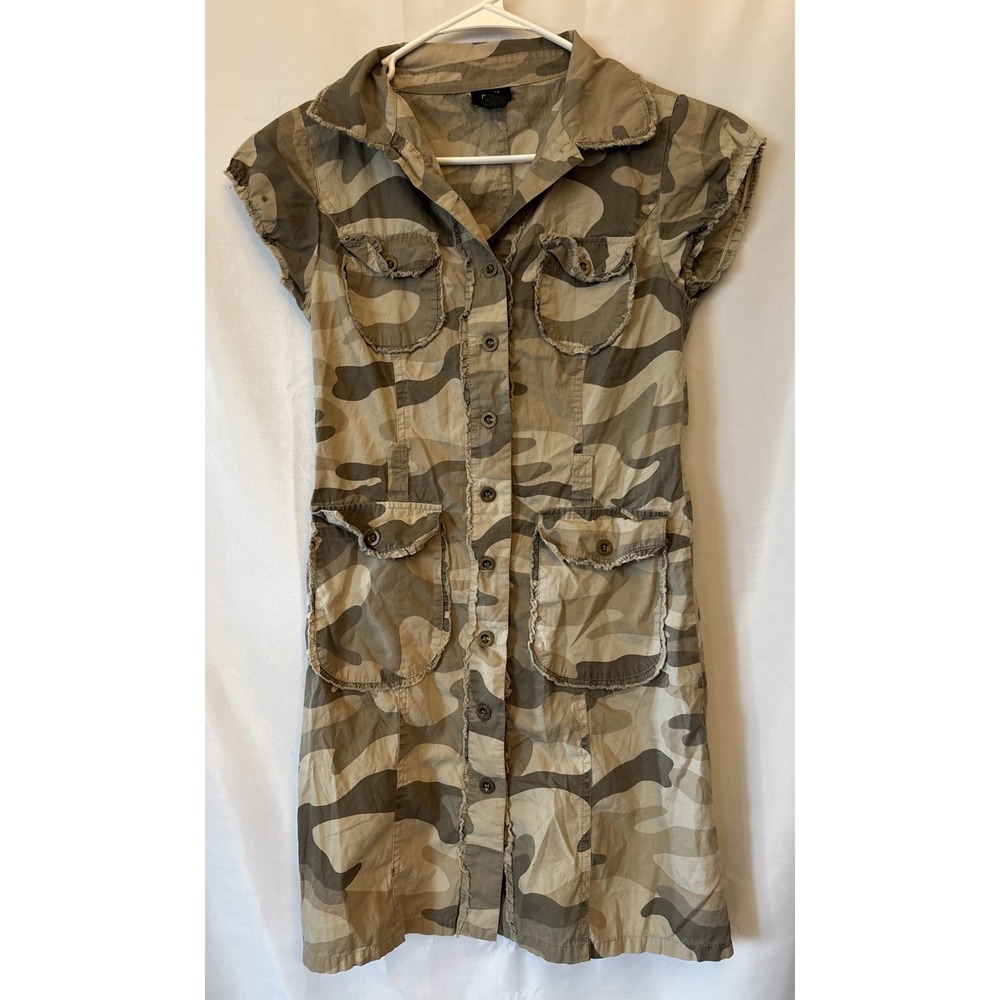 Y2K Women's rue21 Camo Button Up Dress Cap Sleeve Size S 100% Cotton